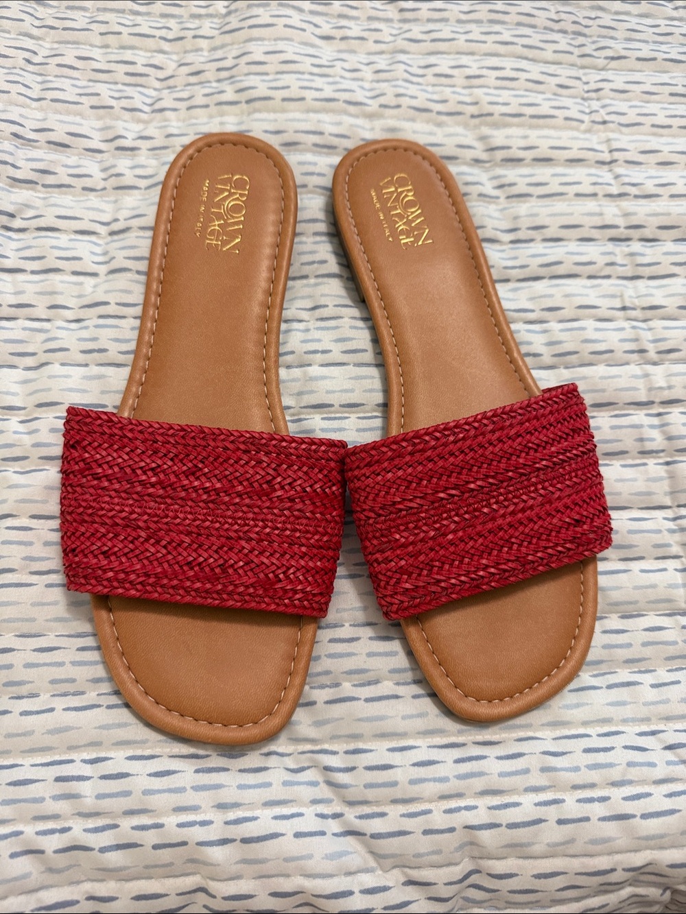 Crown Vintage Red Braided Slide Sandals with Tan Footbed